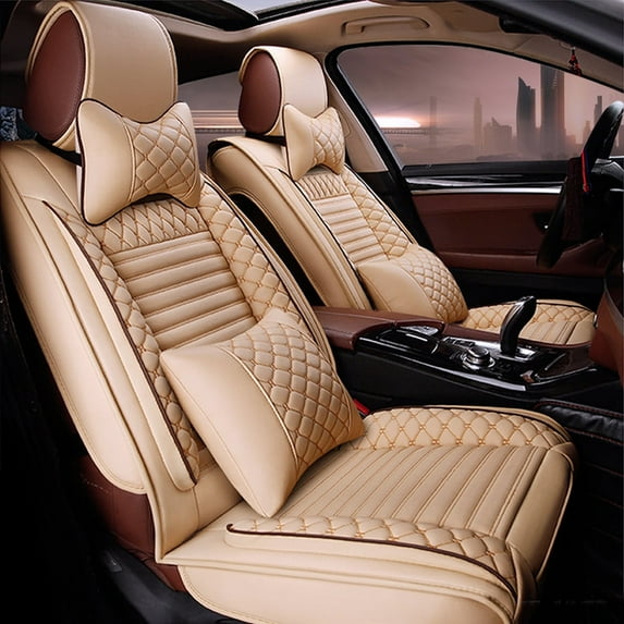 Leadwolf Front Car Seat Covers Leather for Mercedes-Benz for CL220 2000-2014 2 Seats Airbag Compatible Waterproof Premium Leather Front and Back Seat Protectors 2PCs with Headrest Beige