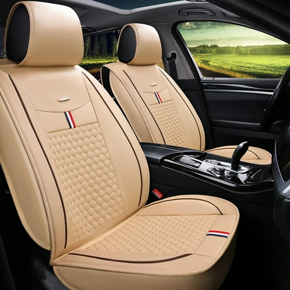 Leadwolf Front Car Seat Covers Leather for BMW for iX1 2015-Present 2 Seats Airbag Compatible Water Resistant Front Set Cushion Protector 2PCs Beige