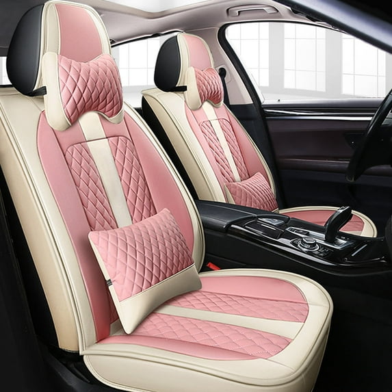 Leadwolf Front Car Seat Covers Leather for Cadillac for CT6 2016-2020 2 Seats Airbag Compatible Waterproof Front Seat Protectors 2PCs Pink and Beige