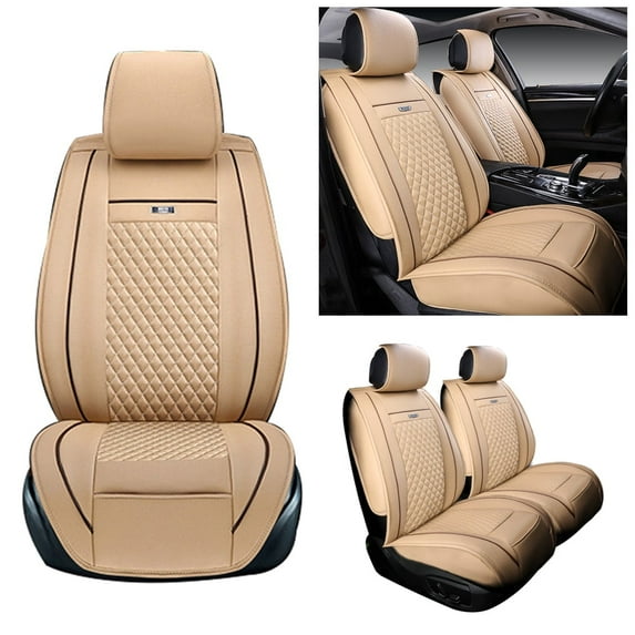 Leadwolf Front Pair Car Seat Covers Leather for Cadillac for CT6 2016-2020 2 Seats Airbag Compatible Water Resistant Front Set Cushion Protector 2PCs Beige
