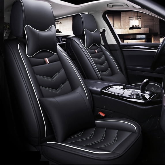 Leadwolf Front Pair Car Seat Covers Leather for Mercedes-Benz for C300 2008-Present 2 Seats Breathable, Waterproof with Anti-Slip Backrest Seat Protectors 2PCs Black and White