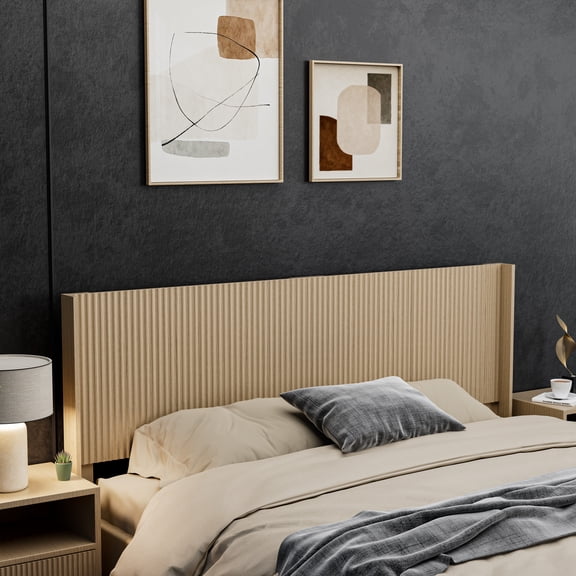 Leadwolf Modern Farmhouse Wood Headboard King Size 80.2in Wall Mounted Fluted Panel Wingback Natural Oak