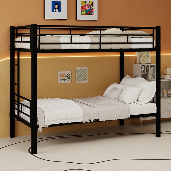 Leadwolf Twin Over Twin Metal Bunk Bed Ladders Guardrail Convertible 2 Beds No Box Spring