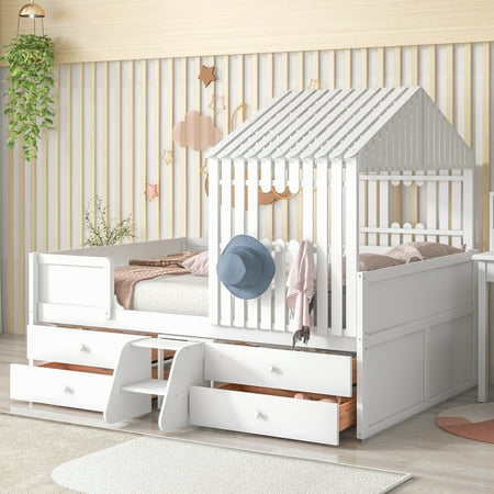 Leadzm Full Size House Low Loft Bed with Four Drawers,White