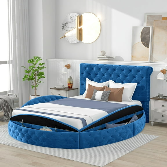 Leadzm Full Size Round Shape Upholstery Low Profile Storage Platform Bed with Storage Space on both Sides and Footboard, Blue