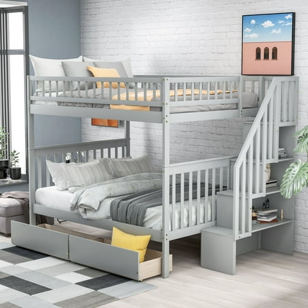 Leadzm Full over Full Bunk Bed with Two Drawers and Storage, Gray