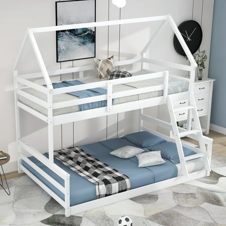 Leadzm Twin over Full House Bunk Bed with Built-in Ladder,White