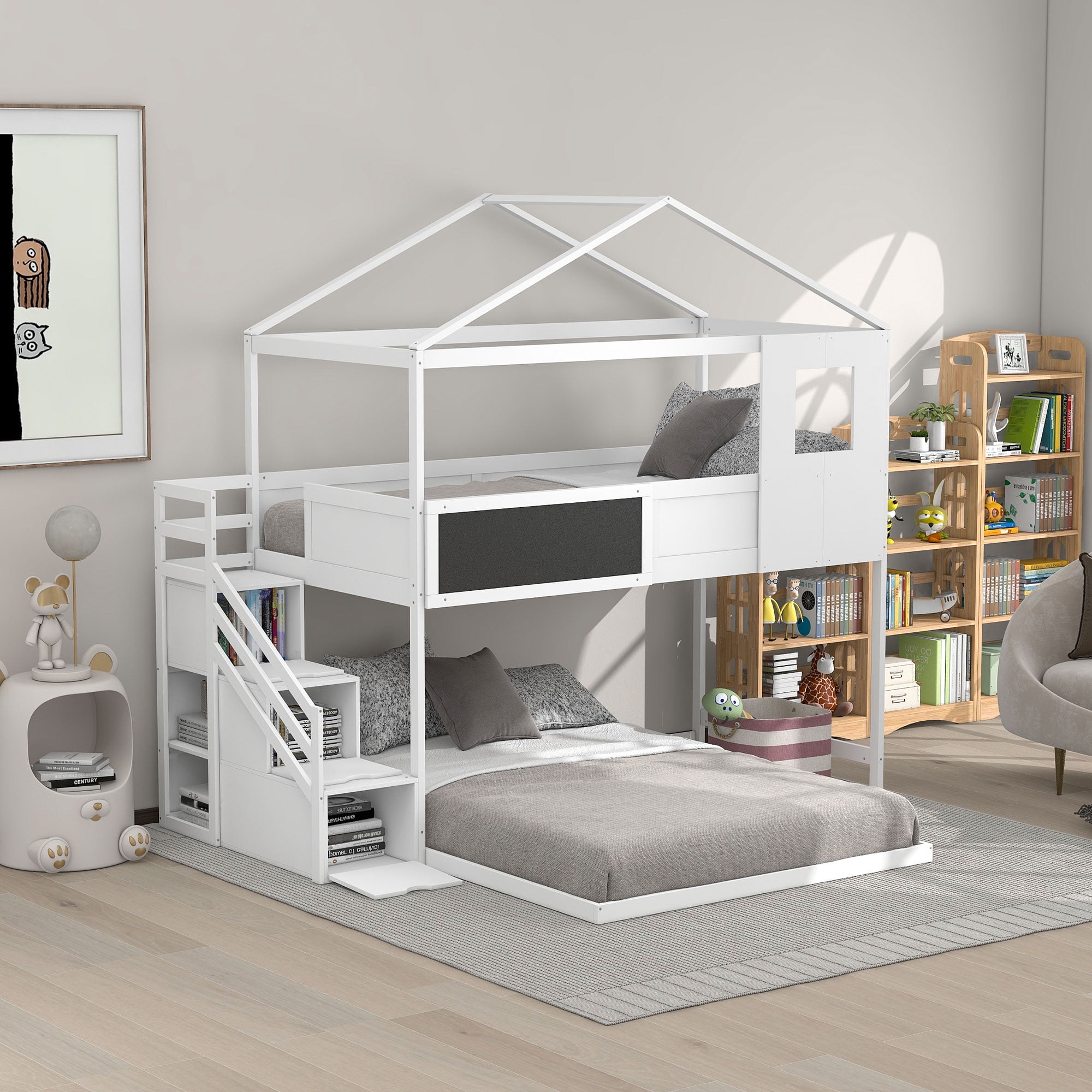 Leadzm Twin over Full House Bunk Bed with Storage Staircase and ...
