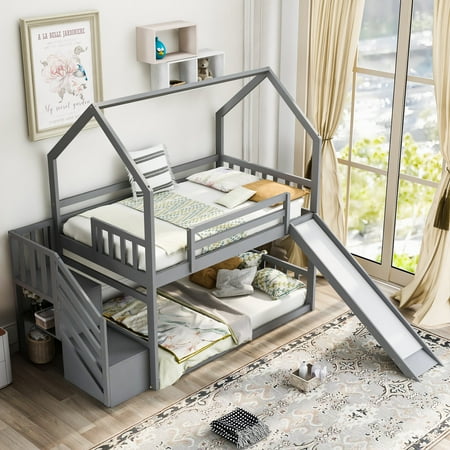 Leadzm Twin over Twin House Bunk Bed with Convertible Slide,Storage Staircase can be Placed Left or Right,Gray