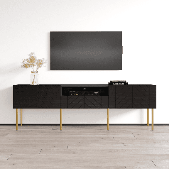 Leaf 01 TV Stand for TVs up to 80", Mid-Century Modern High Gloss 71" Entertainment Center, TV Media Console with Storage Cabinets