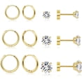 thumbnail image 1 of Leaf 6-Pair Surgical Steel Earring Set for Multiple Piercings - Lightweight 14K Gold Plated Small Huggie Hoops & Flat Back Ball CZ Studs for Cartilage, Helix, Lobe - Hypoallergenic, 1 of 9
