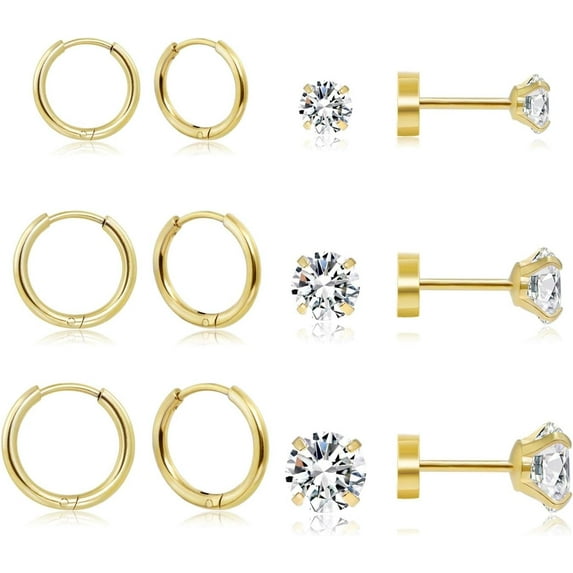 Leaf 6-Pair Surgical Steel Earring Set for Multiple Piercings - Lightweight 14K Gold Plated Small Huggie Hoops & Flat Back Ball CZ Studs for Cartilage, Helix, Lobe - Hypoallergenic