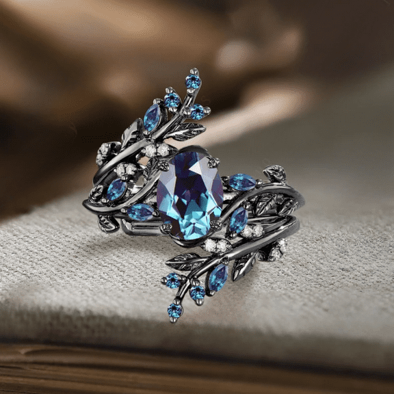 Leaf Alexandrite Engagement Ring Set- 14K Black Gold Vermeil- Twig Cluster Enhance Unique Wedding Band