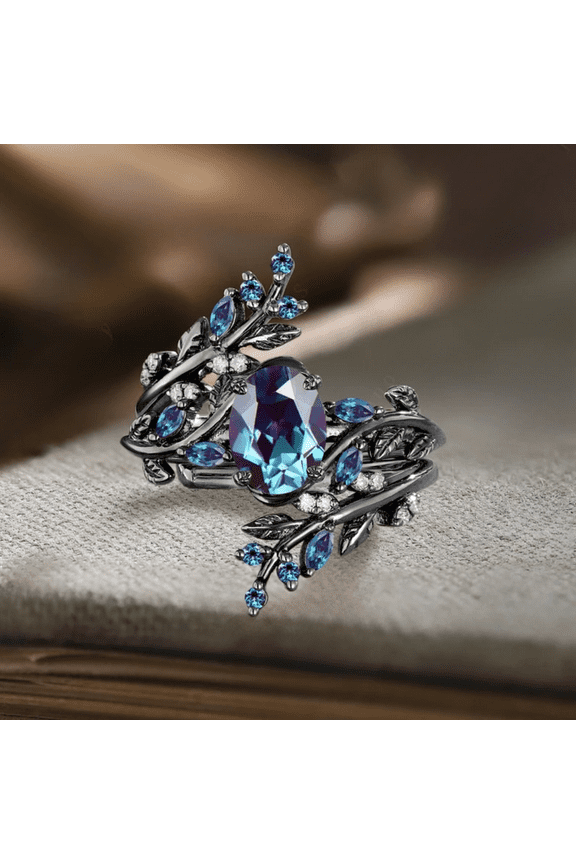 Leaf Alexandrite Engagement Ring Set- 14K Black Gold Vermeil- Twig Cluster Enhance Unique Wedding Band