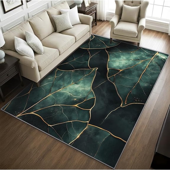 Leaf Area Rugs for Bedroom , Botanical Rug, Emerald Green and Gold Rug for Living Room, Green Leaves Washable Bedroom Carpet, Leaf Home Decor & Gifts 5 x 8ft