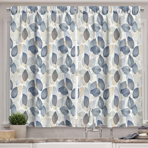 Leaf Art Kitchen Curtains, Modern Abstract Autumn Waltz with Cold Tones of Leaves Paint Print, Window Drapes 2 Panel Set for Kitchen Cafe Decor, 55" x 36", Dark Night Blue and Beige