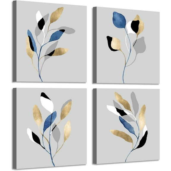 Leaf Artwork Nature Picture Painting: Branch with Golden Leaves, 4 Pieces Wall Decor Set (16" W x 16" H x 4 PCS,Multi-Sized)