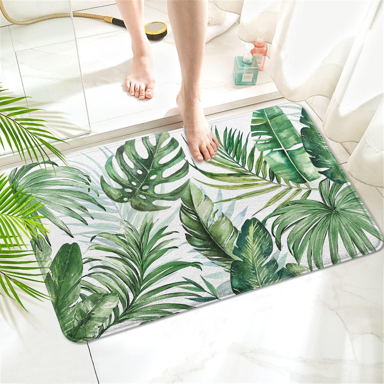 Leaf Bath Mats for Bathroom,Green Leaf Plant Non Slip Bathroom Rug