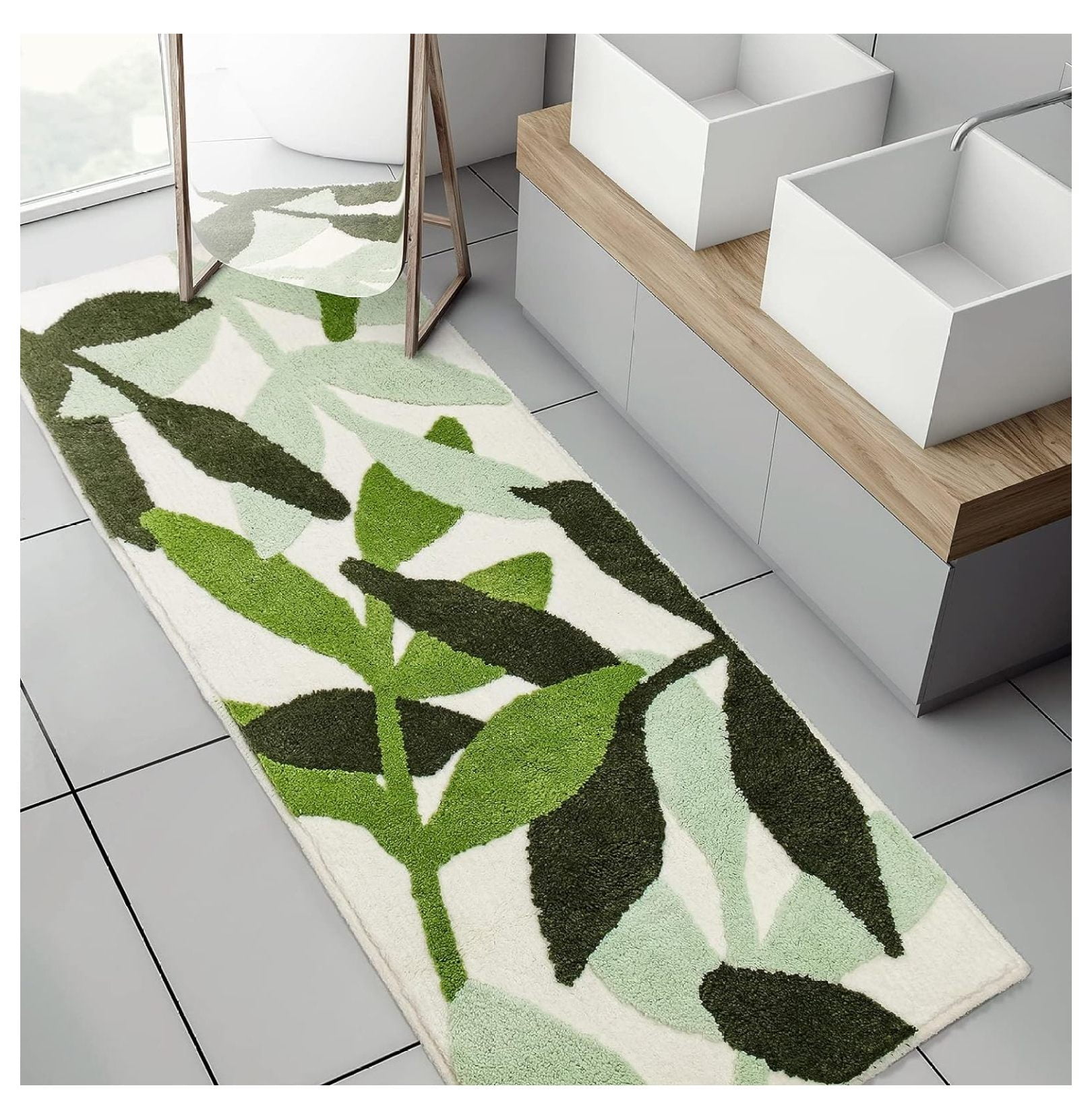 Leaf Bathroom Runner Rug 24x60 Non Slip Long Bathroom Rugs Green Extra