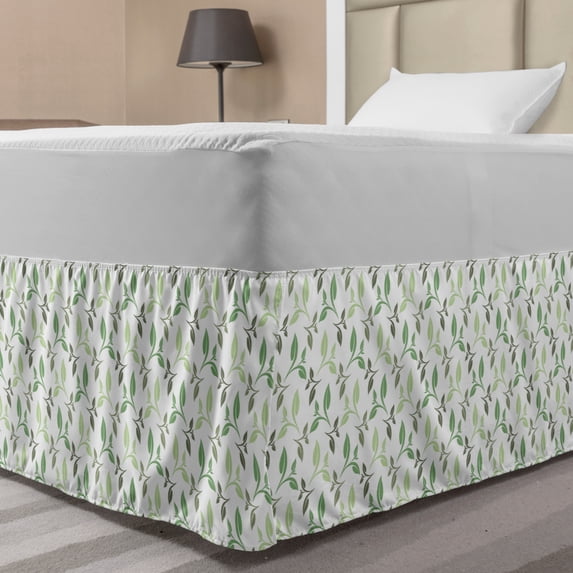 Leaf Bed Skirt, Tea Leaves with Ornamental Vintage Design Soft Faded Colors Artwork Print, Elastic Bedskirt Dust Ruffle Wrap Around for Bedding Decor, 4 Sizes, Green Army Green, by Ambesonne