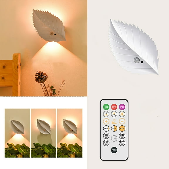 Leaf Bedside Lamp | LED Wireless Wall Light Magnetic Self- | Motion Sensor, Remote Control, Dimmable, White | Bedroom Guest Decor, USB Rechargeable | 16x9.1cm