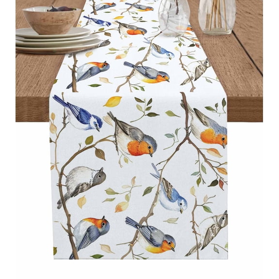 Leaf Bird Burlap Cotton Table Runner 13x36 Inches Short, Country Tree Branch Watercolor Spring Summer Farmhouse Table Runners, Outdoor Dining Tablecloths Decor for Baby Shower/Party/Wedding