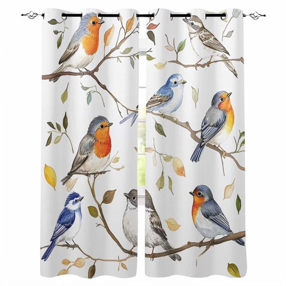 Leaf Bird Kitchen Curtains Country Tree Branch Watercolor Spring Summer Cafe Short Curtains for Bathroom Blackout Window Curtain Small Window Treatment Drapes for Bedroom Living Room 42"x45"x2