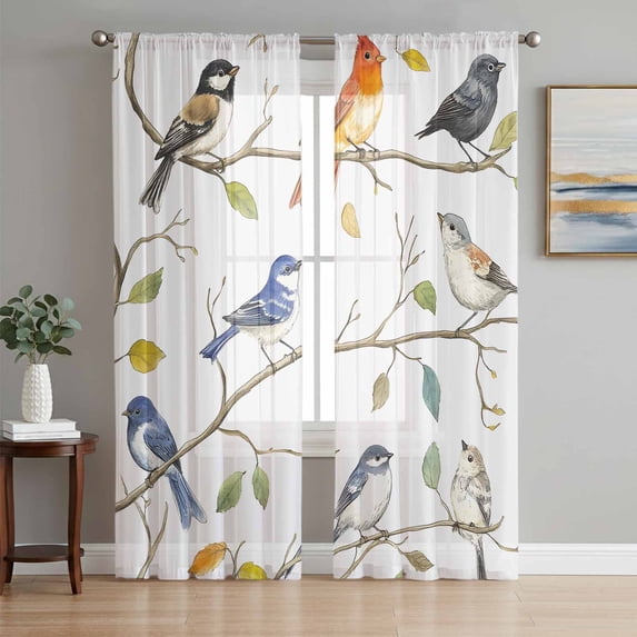 Leaf Bird Sheer Curtains 96 Inch Length 2 Panels Set, Colorful Spring Tree Branch Country Boho Voile Window Treatment Semi Sheer Long Curtains Drapes for Bedroom/Living Room/Kitchen 52"x96"x2