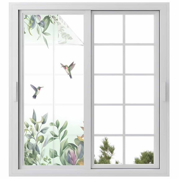 Leaf Bird Window Privacy Film, Sage Greeen Botanical Watercolor Animals Static Cling UV Sun Blocking Heat Control Window Tint Day and Night, Non-Adhesive One Way Windows Privacy Cover 23.6''x59''
