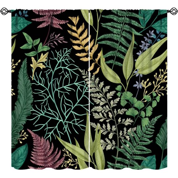 Leaf Blackout Curtains Vintage Natural Botanical Herbal Green Leaves Bedroom Living Room Kitchen Rod Pocket Decoration Window Drapes 2 Panels W42xL54in