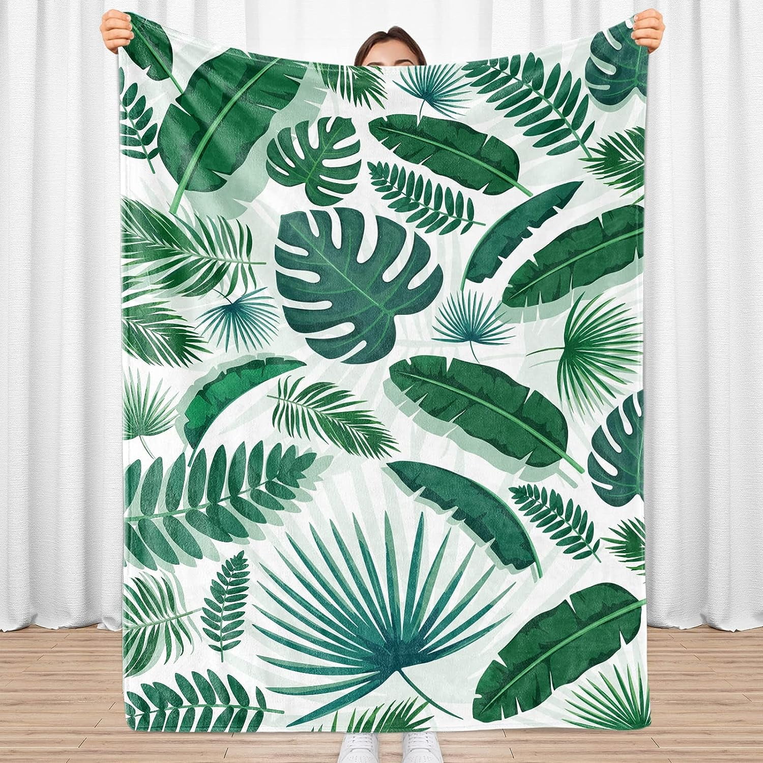 Leaf Blanket Green Leaf Blanket Throw Soft Lightweight Monstera Palm Tropical Leaf Flannel Blanket Green Forest Jungle Plant Cozy Fleece Plush for
