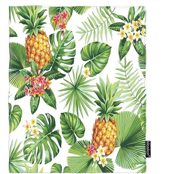 Leaf Blanket Hawaiian Pineapples Tropical Palm Leaves Flowers in Jungle Blanket Flannel Warm Travel Blankets, 50x60in Fleece Blanket