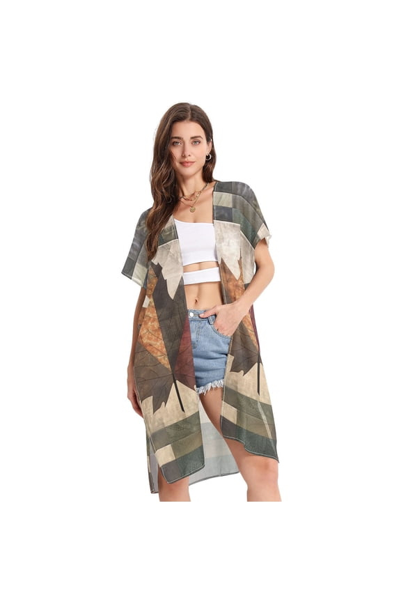 Leaf Block Multicolor Women Swimsuit Cover up V Neck Beach Dress Short Sleeve Vacation Outfits Swimwear