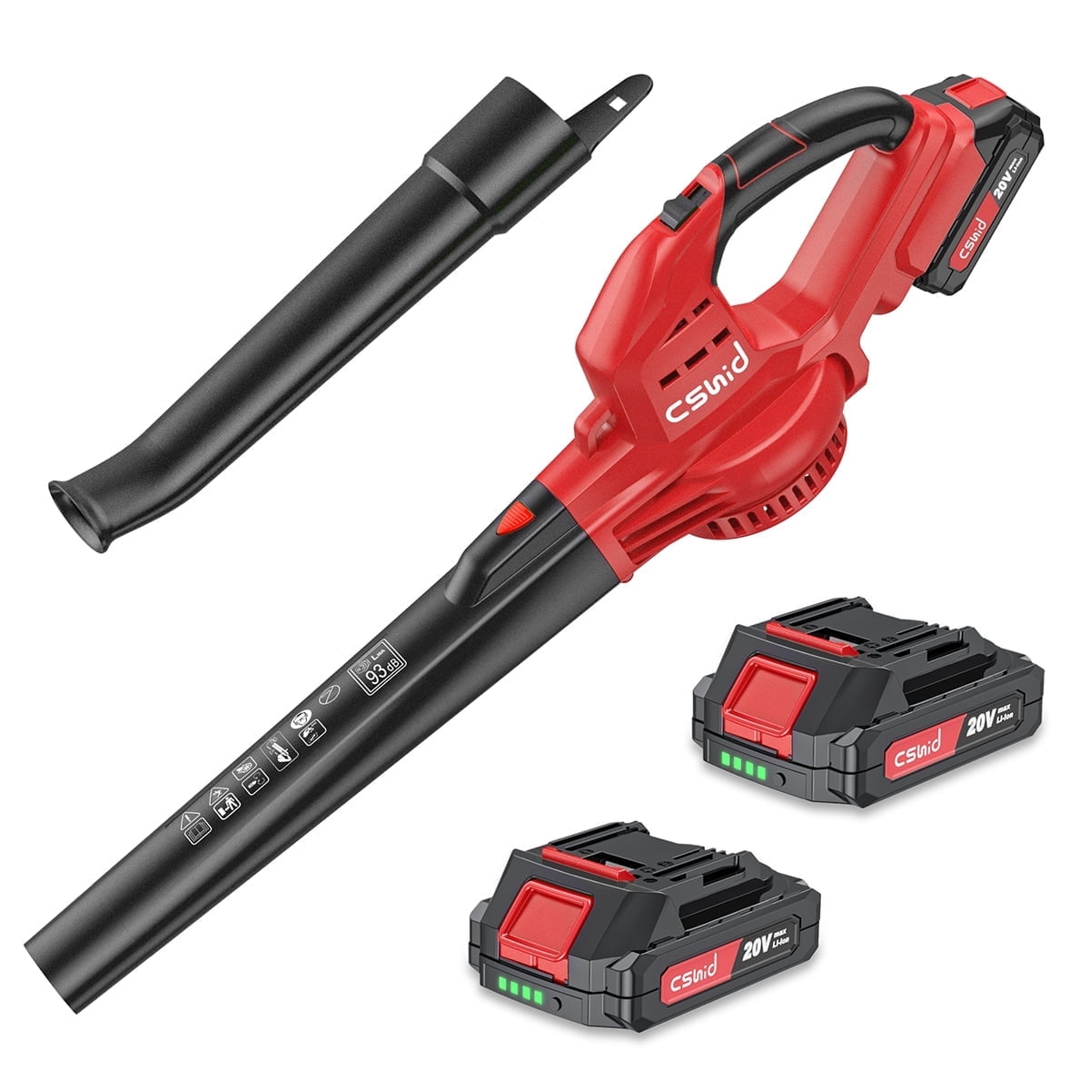 Leaf Blower, 20V Cordless Leaf Blower with 2 X 2.0 Ah Battery & Charger, Electric Leaf Blower for Lawn Care, 2 Speed Mode, 320CFM 165MPH Battery Powered Leaf Blower for Patio, Garden Cleaning, Red