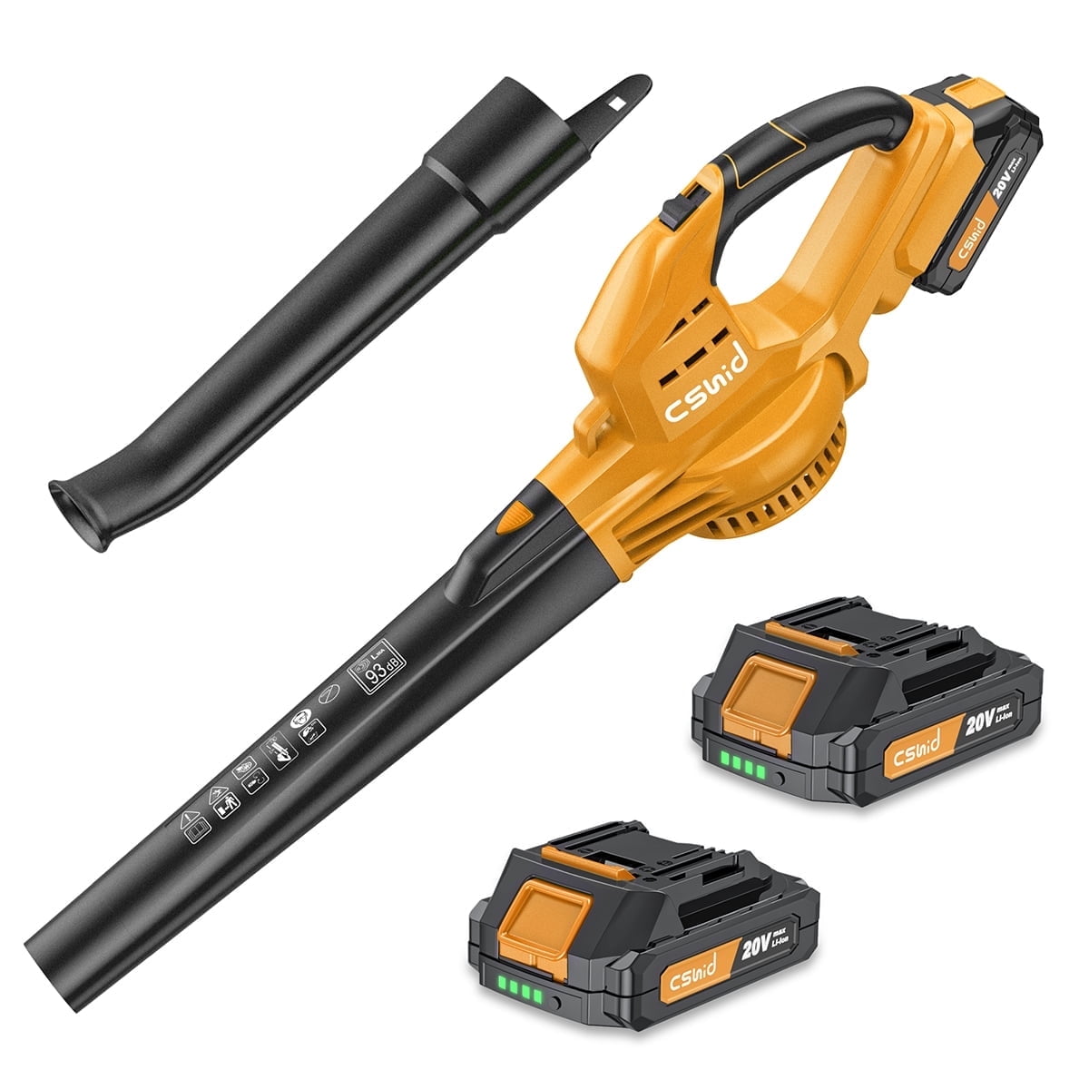 Leaf Blower, 20V Cordless Leaf Blower with 2 X 2.0 Ah Battery & Charger, Electric Leaf Blower for Lawn Care, 2 Speed Mode, 320CFM 165MPH Battery Powered Leaf Blower for Patio, Garden Cleaning, Yellow