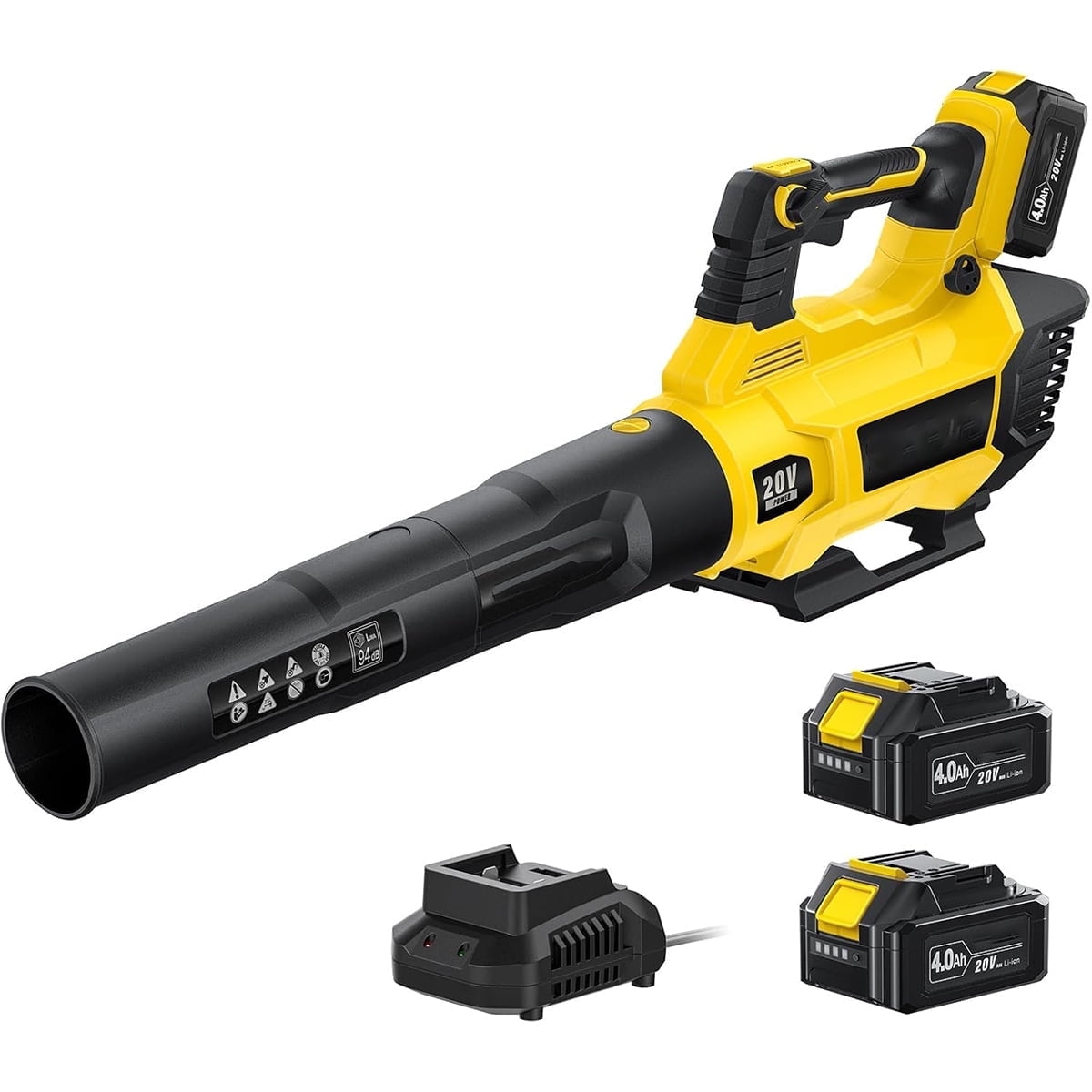 Leaf Blower, 3 Speed Adjustment Electric Cordless Leaf Blower with 2 x 4.0Ah Batteries, Charger, Shoulder Strap, 580CFM/160MPH, Ideal for Patio Cleaning, Lawn Care, Blowing Leaves and Dust, Yellow