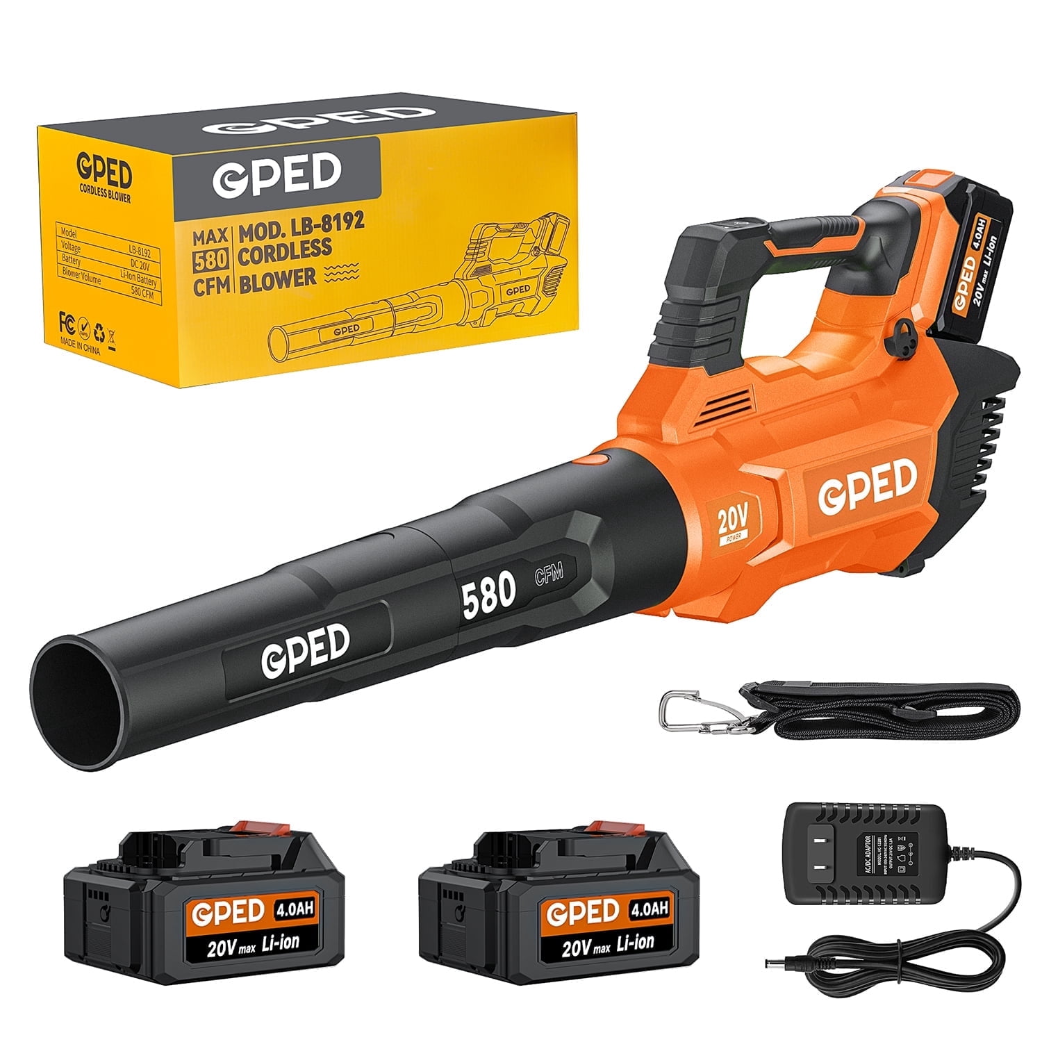 Leaf Blower, 3 Speed Adjustment Electric Cordless Leaf Blower with 2 x 4.0Ah Batteries, Charger, Shoulder Strap, 580CFM/160MPH, Ideal for Patio Cleaning, Lawn Care, Blowing Leaves, Orange