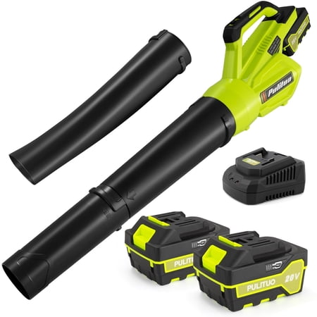 Leaf Blower Cordless with 2 Battery and Charger, 400CFM High Speed Leaf Blower with 2 Tubes, 20V Electric Leaf Cleaner, Lightweight Handheld Small Blower for Patio, Garden, House, Depot, Green
