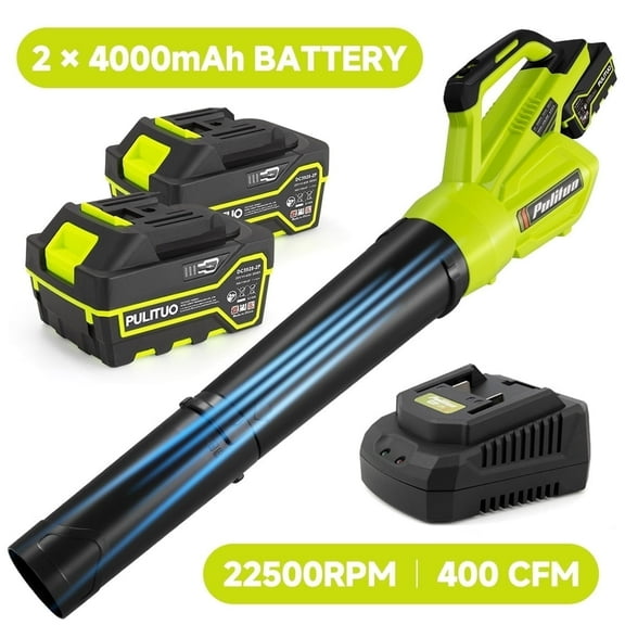 Leaf Blower Cordless with 2 Battery and Charger, 400CFM High Speed Leaf Blower with 2 Tubes, 20V Electric Leaf Cleaner, Lightweight Handheld Small Blower for Patio, Garden, House, Depot, Green