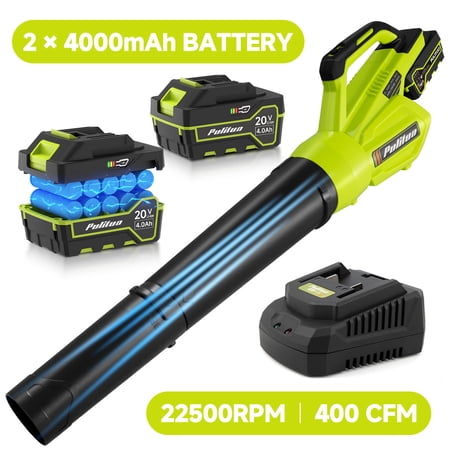 Leaf Blower Cordless with 2 Battery and Charger, 400CFM High Speed Leaf Blower with 2 Tubes, 20V Electric Leaf Cleaner, Lightweight Handheld Small Blower for Patio, Garden, House, Depot, Green