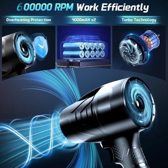 Leaf Blower Cordless Handheld Dust Cleaner, 600000RPM Portable Electric Leaf Blowers with 2 x 4000mAh Batteries, High-Speed Turbo Blower for Cleaning, Lawn Care, Leaves (Black)