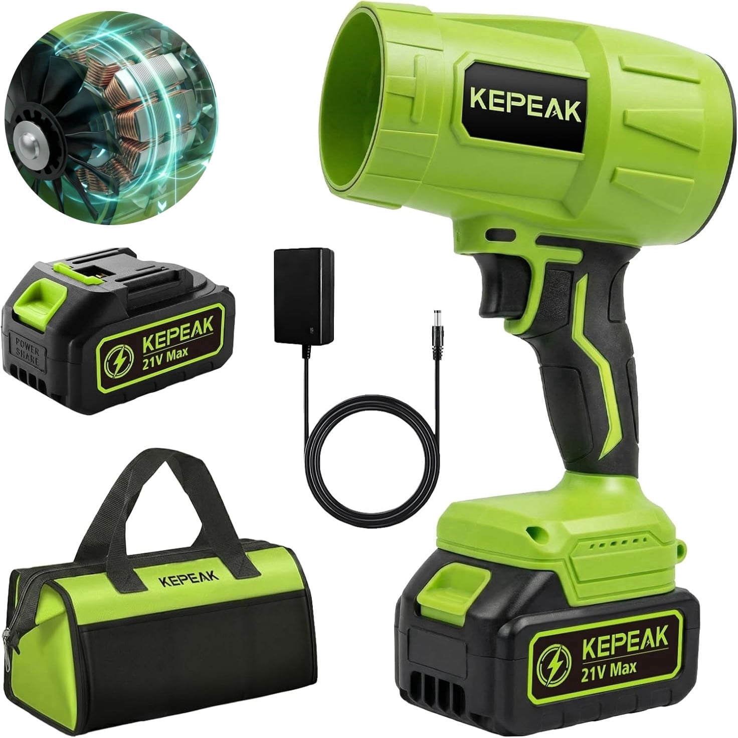 Leaf Blower Cordless, KEPEAK Brushed Electric Leaf Blower with 2 * 4.0Ah Battery, for Garden, Patio, Lawn Care, Gift for Men Dad Husband Fathers (Green)