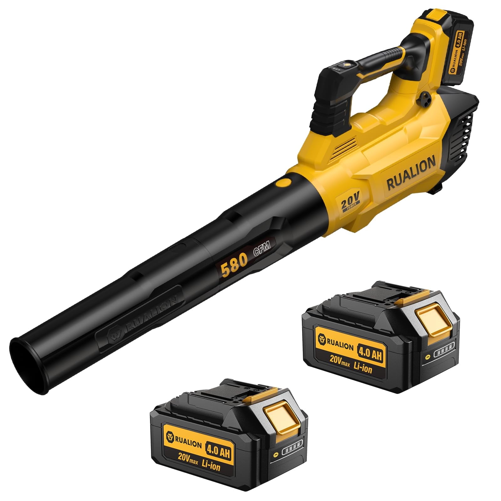 Leaf Blower Cordless, RUALION Electric Leaf Blowers Up to 580 CFM 160 MPH, Battery Powered Blowers for Lawn Care, Patio, Garage(2* 20V 4.0 Ah Batteries and Charger included)