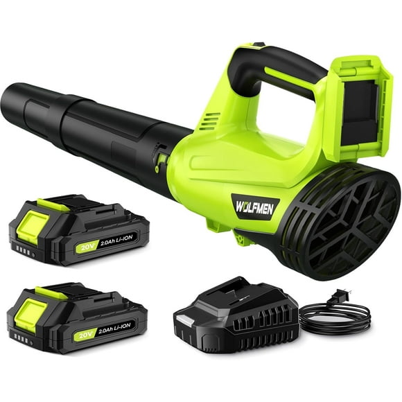LWQ Cordless Leaf Blower, 20V Leaf Blower with 2 Batteries & Charger, 450CFM/150MPH, 2 Variable Speed, Lightweight for Blowing Leaves, Patio Cleaning, Lawn Care and Dust(Green)