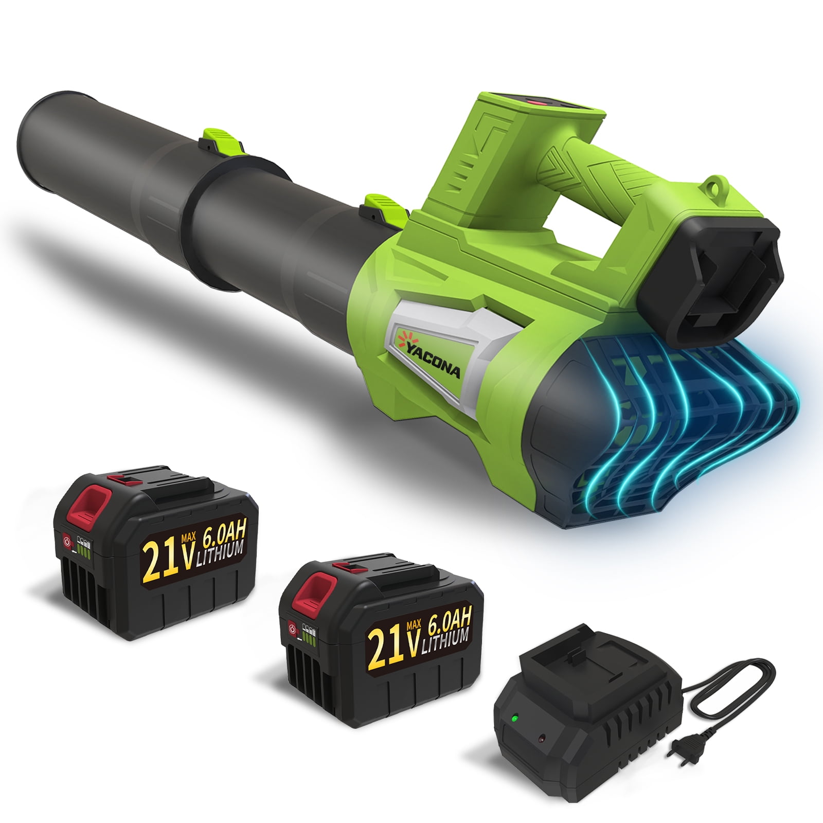 Yacona 21V Leaf Blower Cordless, with 2 x 6.0Ah Battery and Charger, 21V Electric Leaf Blowers with Strap, 6-Speed Powered Leaf Sweeper for Blowing Leaves, Lawn Care, Dust and Snow, Green