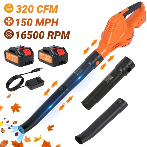 Leaf Blower,GOCHIFIX 320CFM/150MPH Electric Cordless Leaf Blower with 2PCS Batteries and Charger,16500 RPM Lightweight Grass Blower for Patio Cleaning,Lawn Care