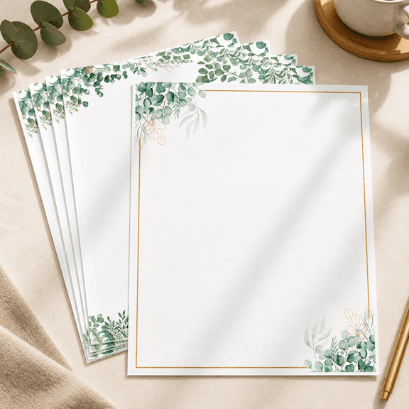 Leaf Border Stationery Writing Paper, 50 Count Eucalyptus Greenery Letterhead, 8.5 x 11 Inch