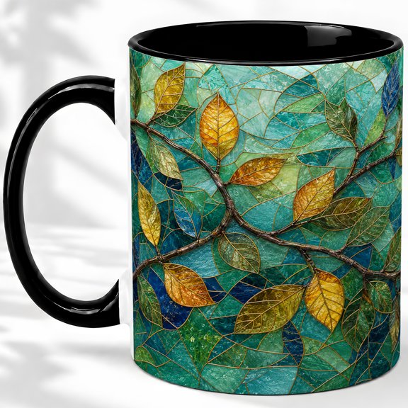 Leaf Branch Stained Glass Accent Mug, 11oz Ceramic Coffee Cup