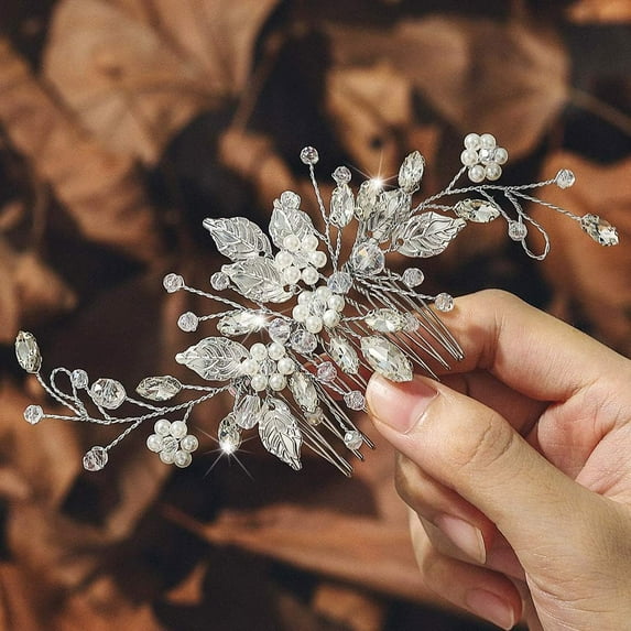 Leaf Bride Wedding Hair Comb Rhinestone Pearl Bridal Hair Pieces Flower Headpiece Crystal Hair Accessories for Women and Girls (1-Silver)