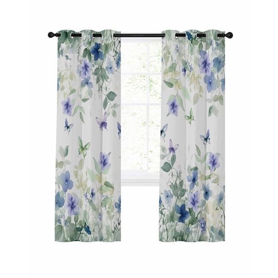 Leaf Butterfly Blackout Curtains 39 Inches Long for Bedroom, Watercolor Sage Green Purple Floral Thermal Insulated Room Darkening Black Out Window Curtain Panels Grommet Drapes for Living Room